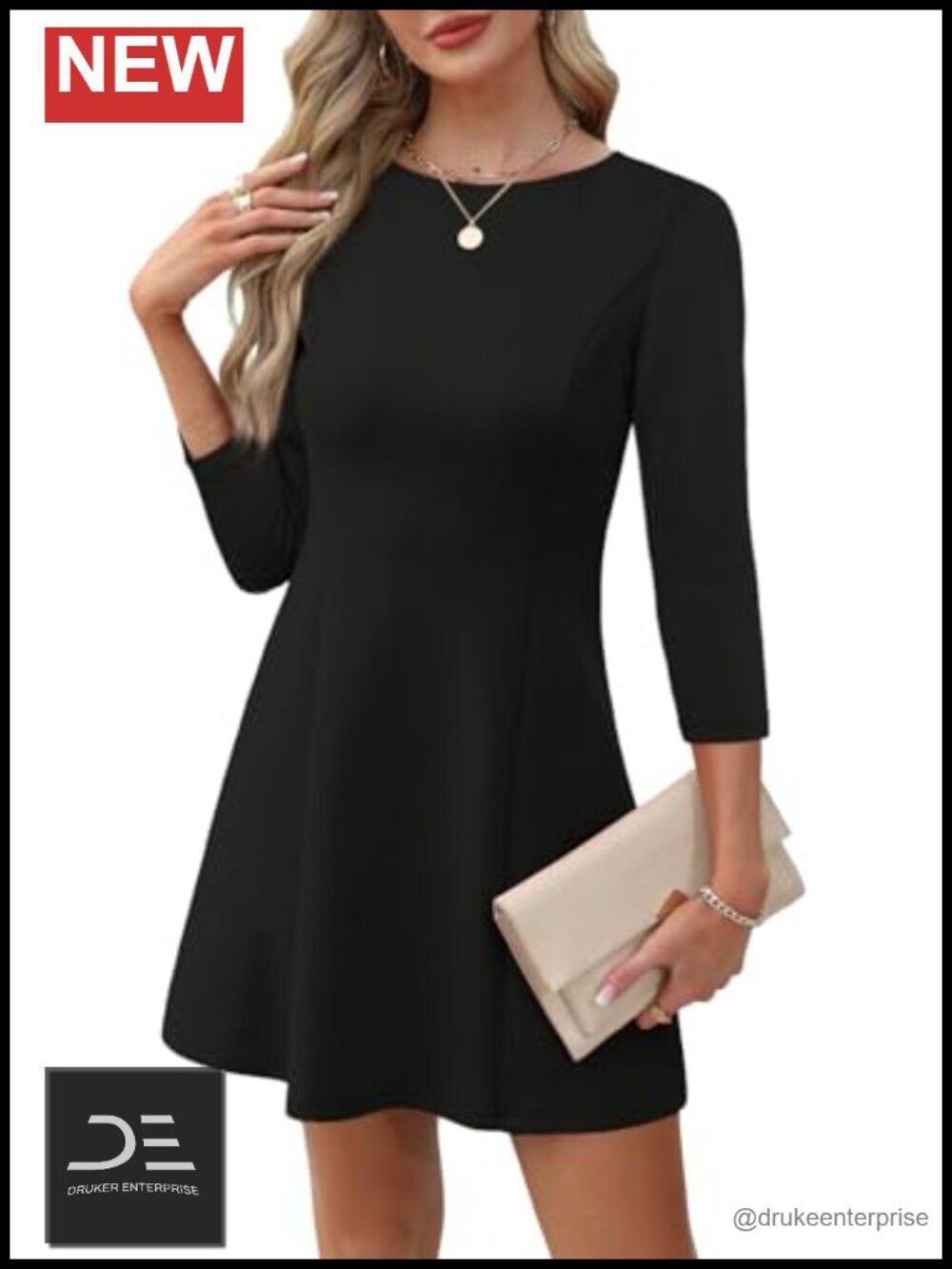 Women A-Line Boat Neck Mini Dress 3/4 Sleeve Soft Stretchy - Picture 2 of 5
